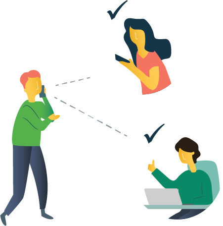 A man speaks on a phone. Dotted lines connect hime to two women, one who holds a phone and another on a computer. Both women give the thumbs up/