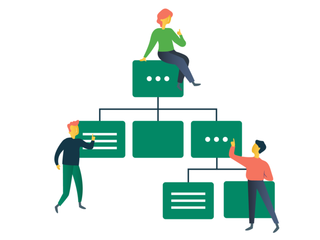 A pedigree chart with a person sitting on the top. 2 other people stand beside it pointing at different boxes on the chart