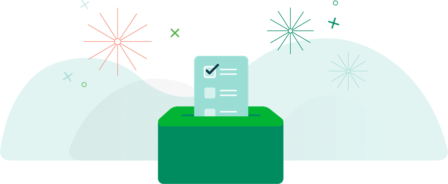 A piece of paper with a check mark on the page going into a green box. There are stars behind the box