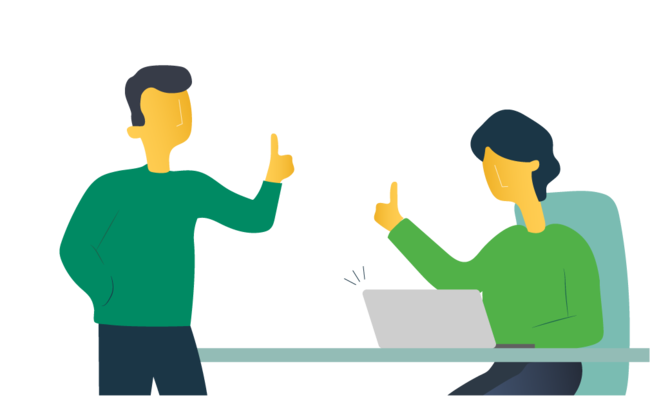 Two poeple giving each other a thumbs up. One is seated at a desk with dark blue chair and a laptop and the other is standing beside the desk