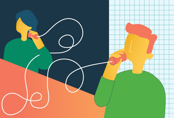 A man and a woman use two cups connected by a string to communicate.