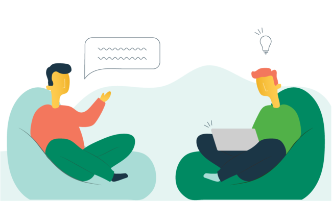 Two people sit in beanbag chairs. One guestures and has a speech bubble above his head. The other has laptop on his lap and lightbulb above his head.