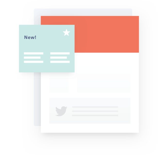 A webpage with a block representing content at the bottom. The block has a bird icon and lines for text. There's also a pop up that reads, "News!" and had a star on it.