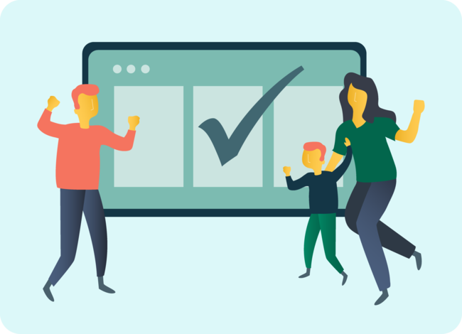Three people celebrate in front of a screen that has three blocks of content with a check mark on it.