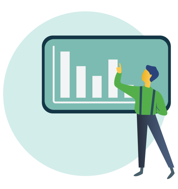A man points at a bar graph with five columns.