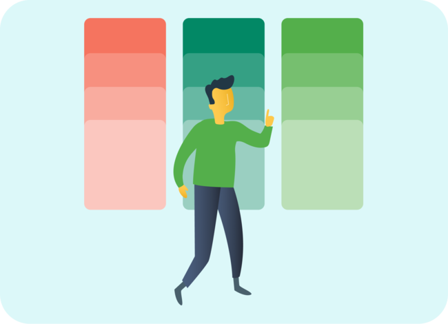A man stands in front of three different colour palettes. He gives the thumbs up.