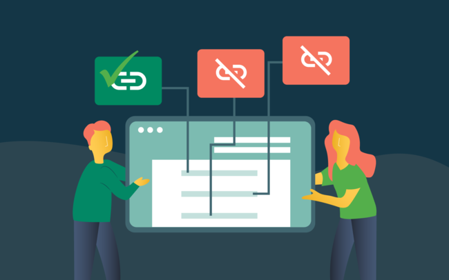 Two people hold up a browser. Three link icons correspond to the content, one is green with a check mark, the other two are orange and crossed out.