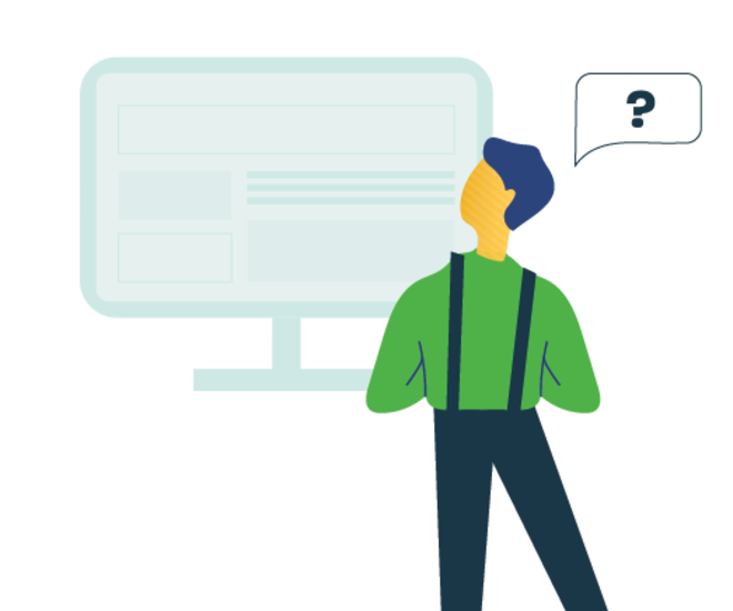 A man stands in front of a computer monitor. There's a speech bubble with a question mark in it.