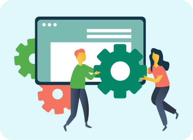 A browser is open in the background. Two gears are behind it. A man and a woman stand in front of it and hold another gear.