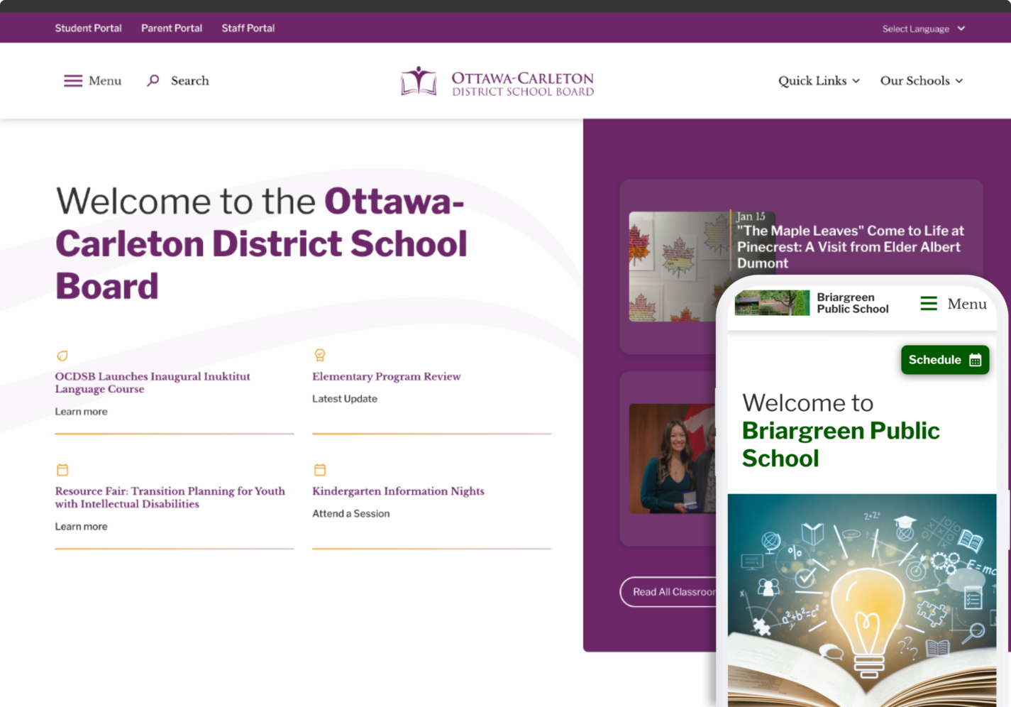 The OCDSB Website and mobile view