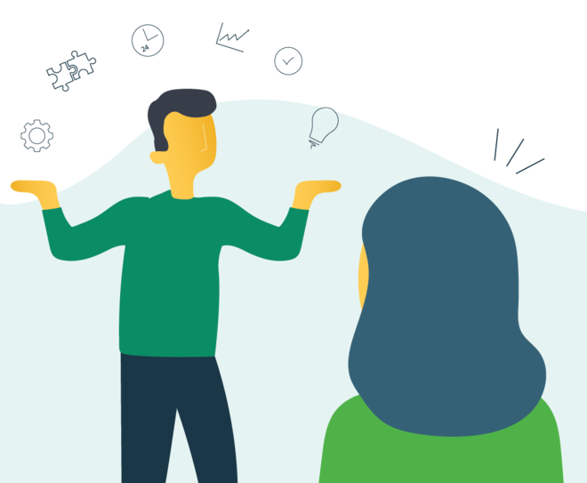 man has both hands up in the air. Different icons hover above it. A woman looks on.