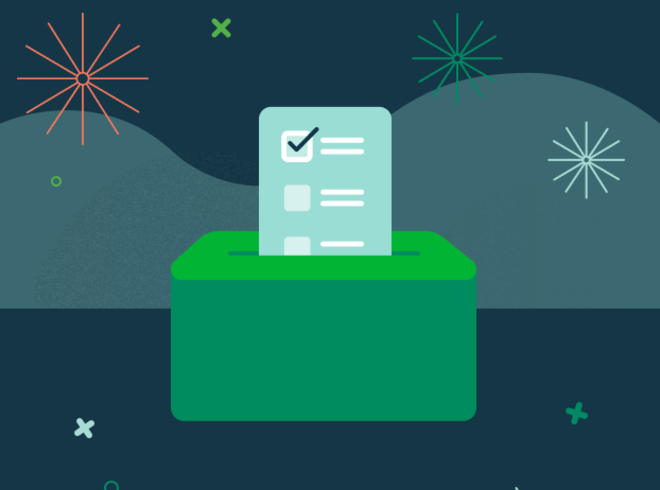 A piece of paper with a check mark on the page going into a green box. There are stars behind the box