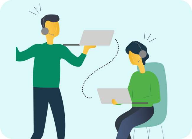 A man and a woman are both on laptops and wearing headsets. They're connected with a dotted line.